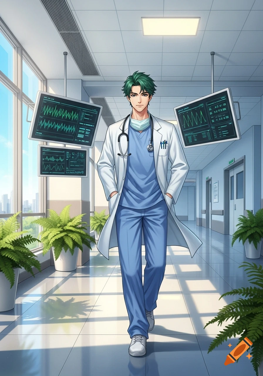Anime-style young male doctor with green hair in scrubs and a lab coat walks through a bright hospital corridor.
