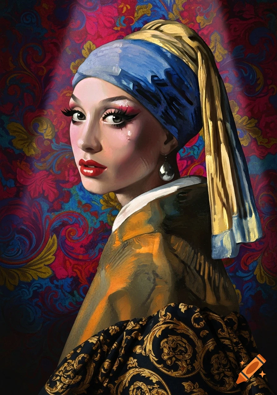 Portrait of a drag queen with dramatic makeup and a pearl earring, wearing a blue and gold headscarf, against a vibrant baroque floral background.