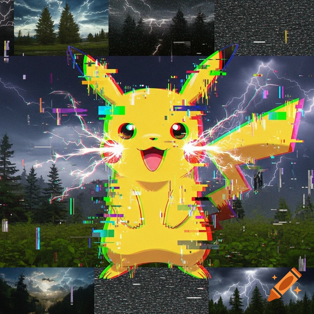 A glitched Pikachu with lightning bolts emanating from its cheeks, set against a stormy forest background with digital artifacts.