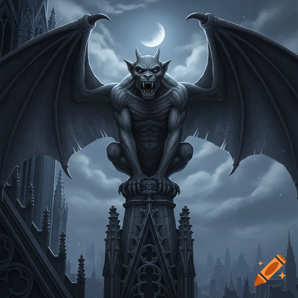 A monstrous gargoyle statue with spread wings perches on a gothic spire under a crescent moon in a cloudy night sky.