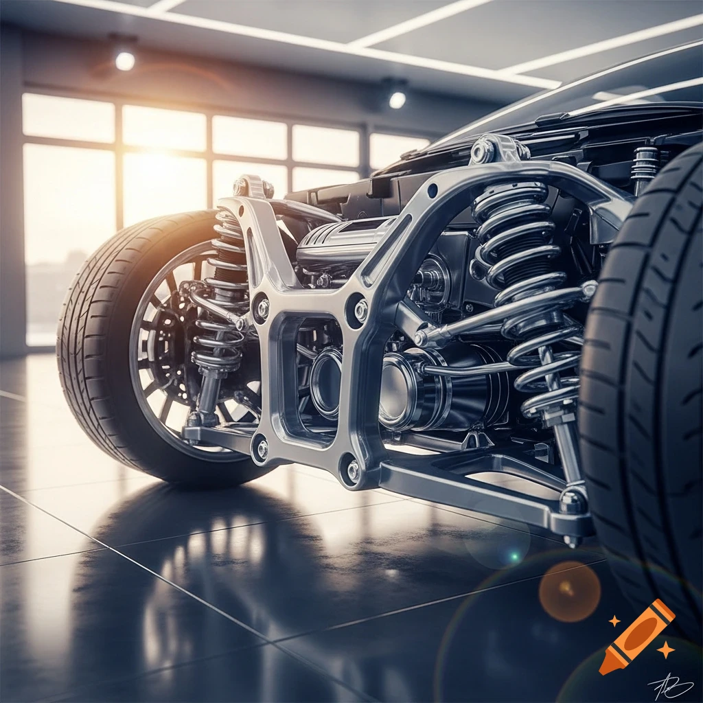 Photorealistic detailed close-up of a car's exposed suspension system and chassis in a showroom, with a reflective floor.