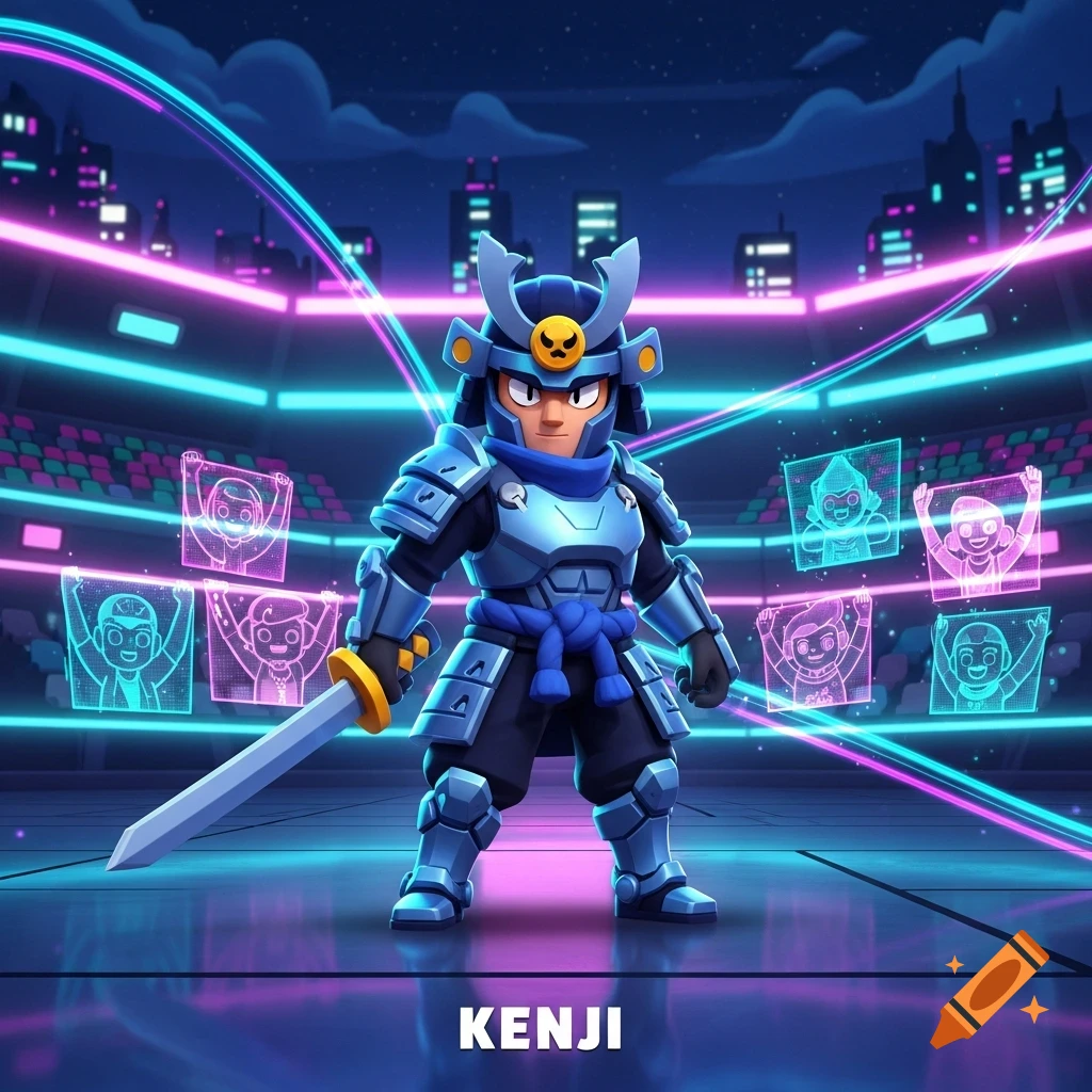 A cartoon samurai warrior character with blue armor and a sword stands in a futuristic neon-lit arena, with "KENJI" below.