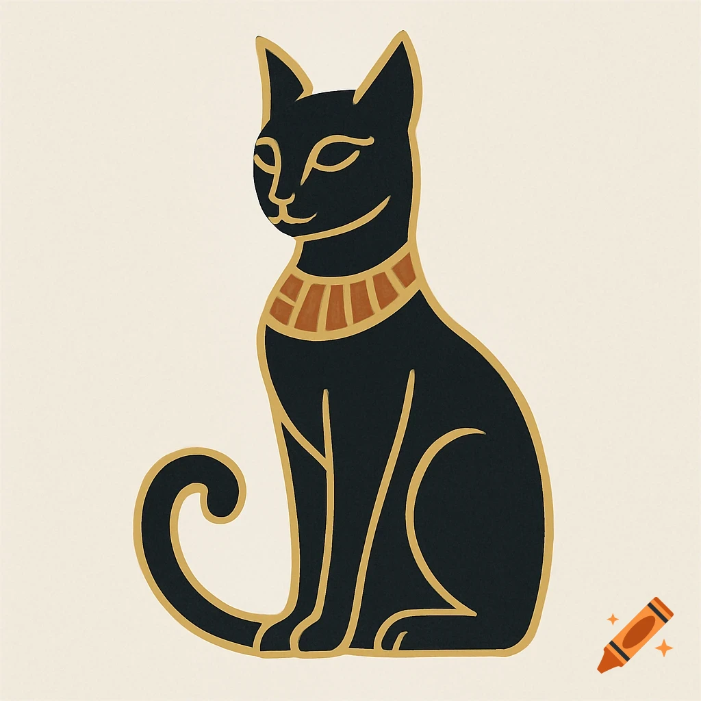 A minimalist, elegant illustration of a seated black cat with gold outlines and an orange and gold Egyptian collar on a light background.