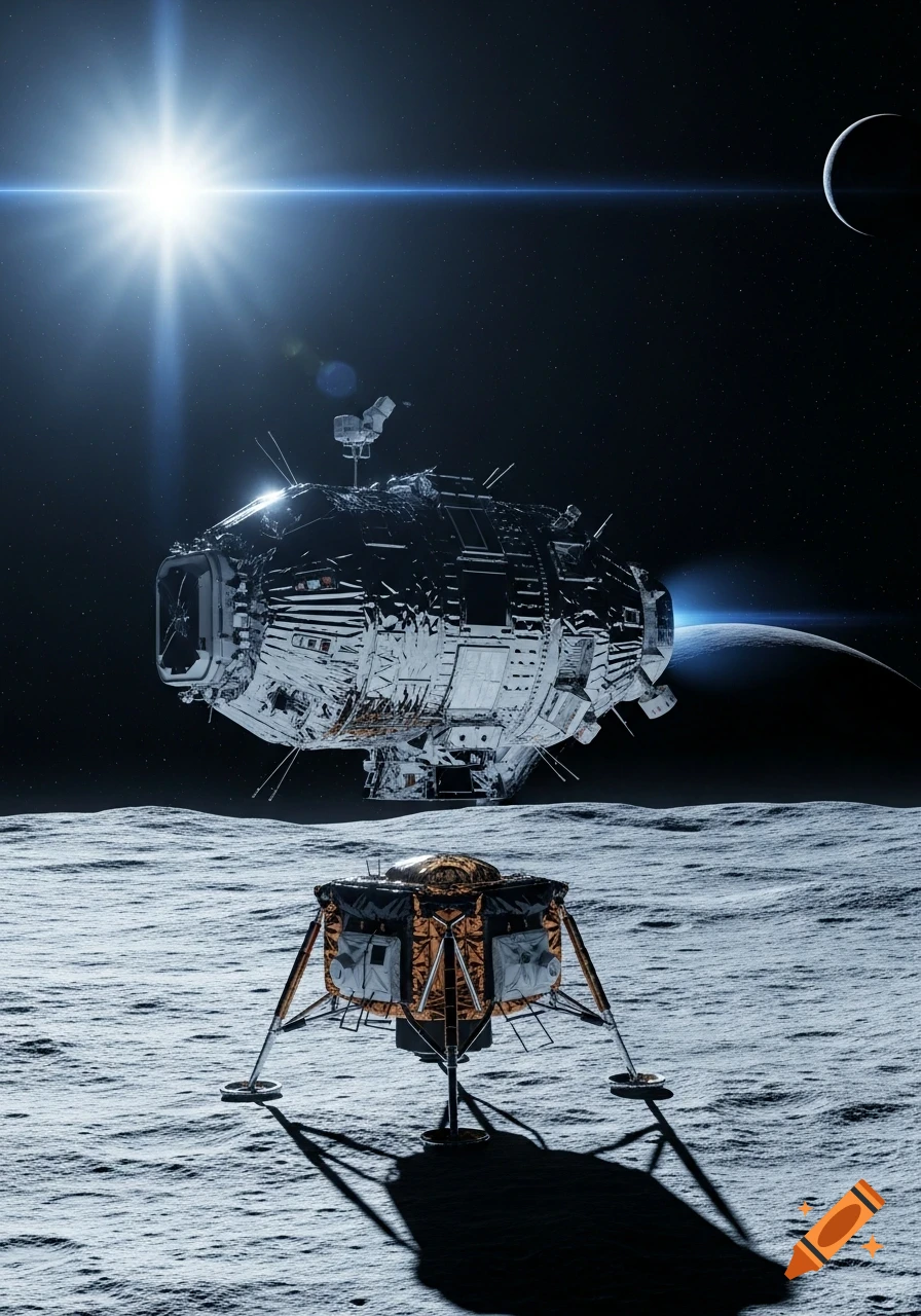 A space module hovers above a lunar lander on the moon's surface, with the sun and another celestial body in the dark sky. Photorealistic style.