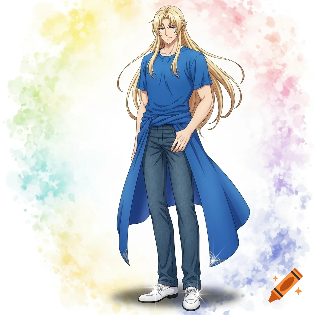Anime-style young man with long blonde hair, blue t-shirt, blue long overshirt, blue jeans, and white shoes on a colorful background.