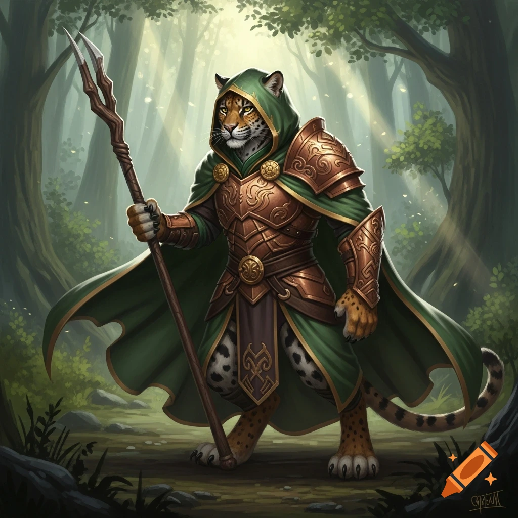 A detailed digital painting of a fierce Tabaxi jaguar warrior in green cloak and heavy copper armor, holding a quarterstaff in a sunlit forest.