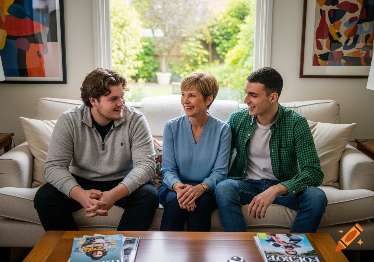 A smiling woman sits between two young men on a sofa in a bright living room, with magazines on a coffee table.