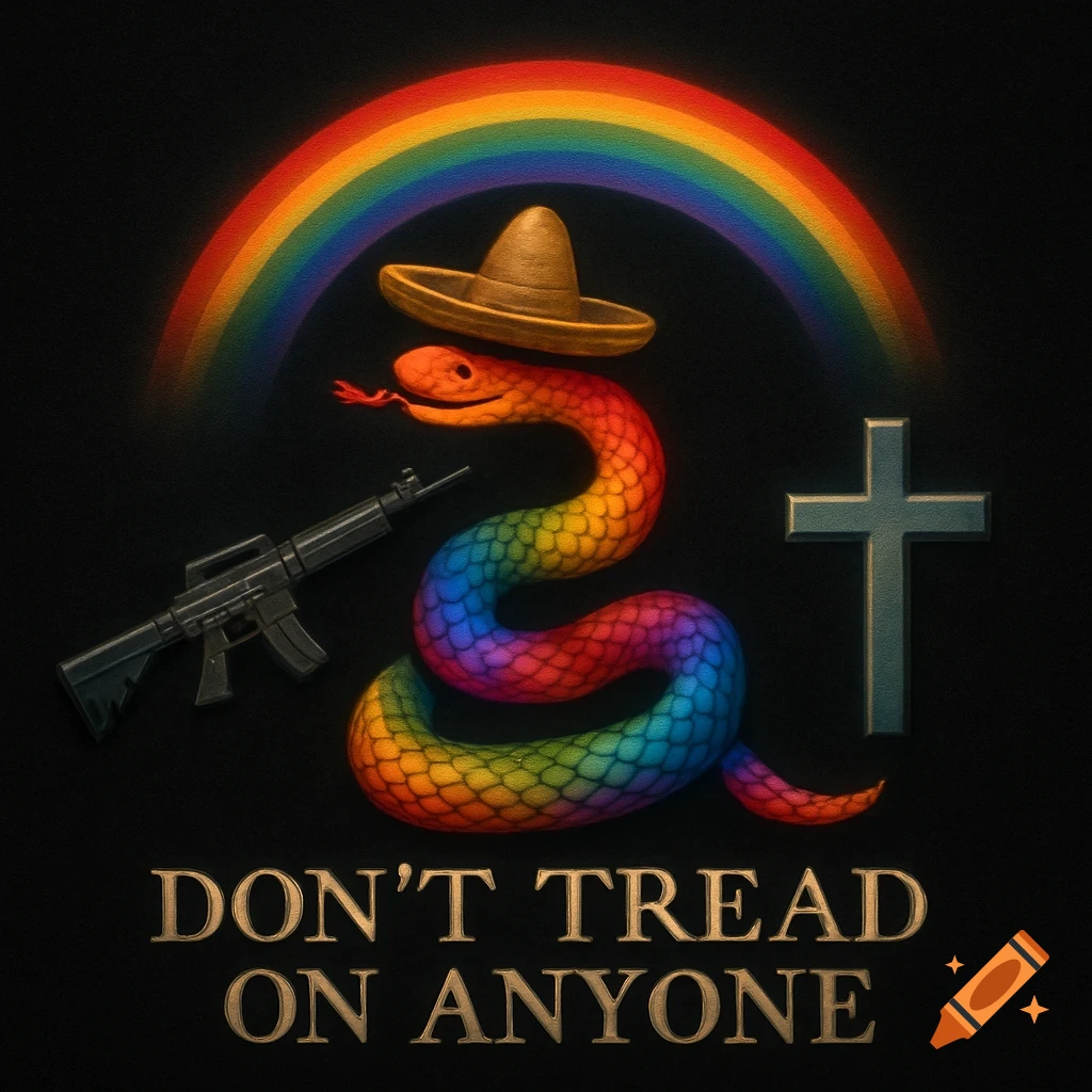 A coiled, rainbow-colored snake wearing a sombrero, flanked by a gun and a cross, under a rainbow. Text reads "DON'T TREAD ON ANYONE".