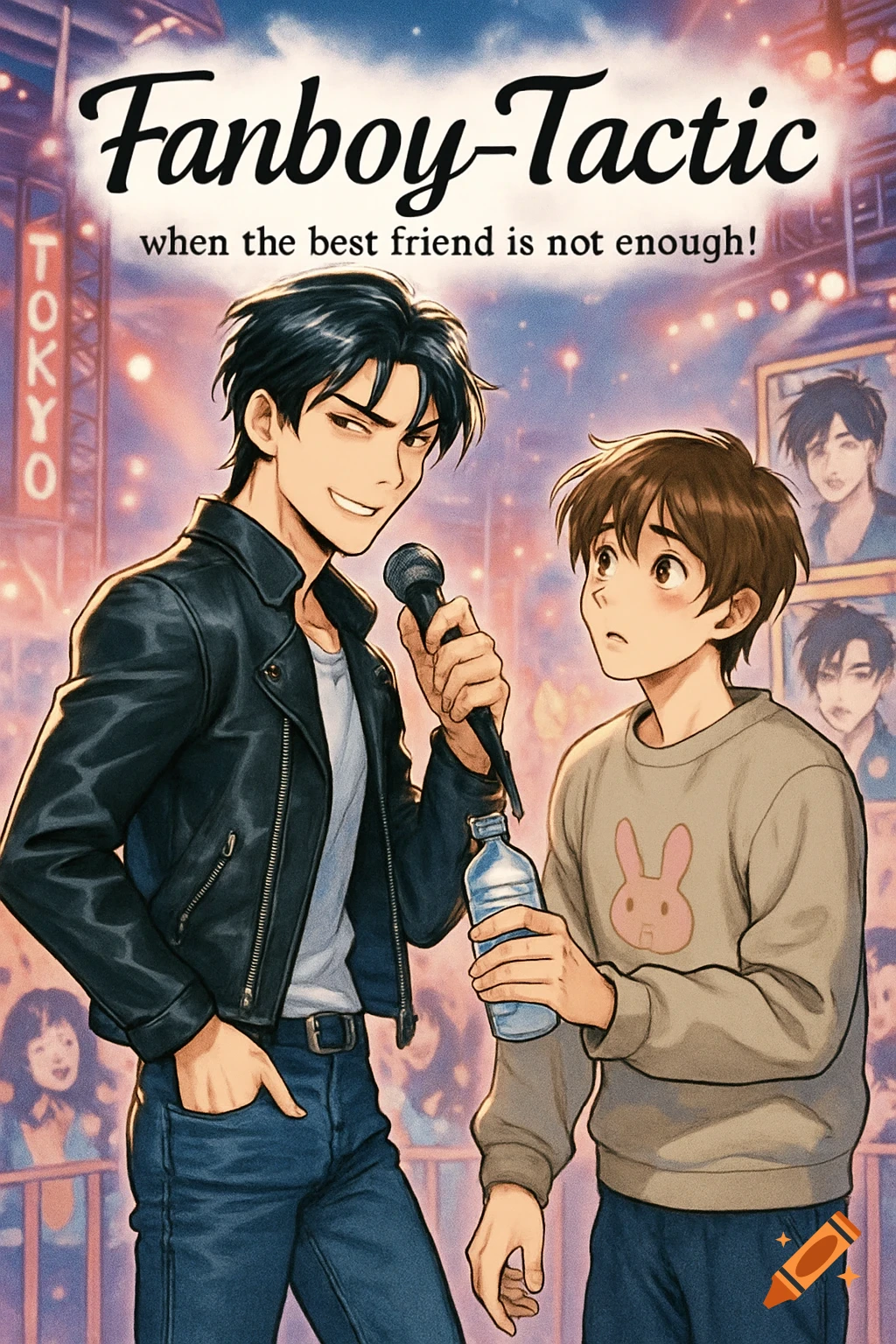 An anime-style image featuring two young men, one a smiling idol holding a microphone, and the other a fan with a water bottle looking up at him, set against a concert backdrop in Tokyo.