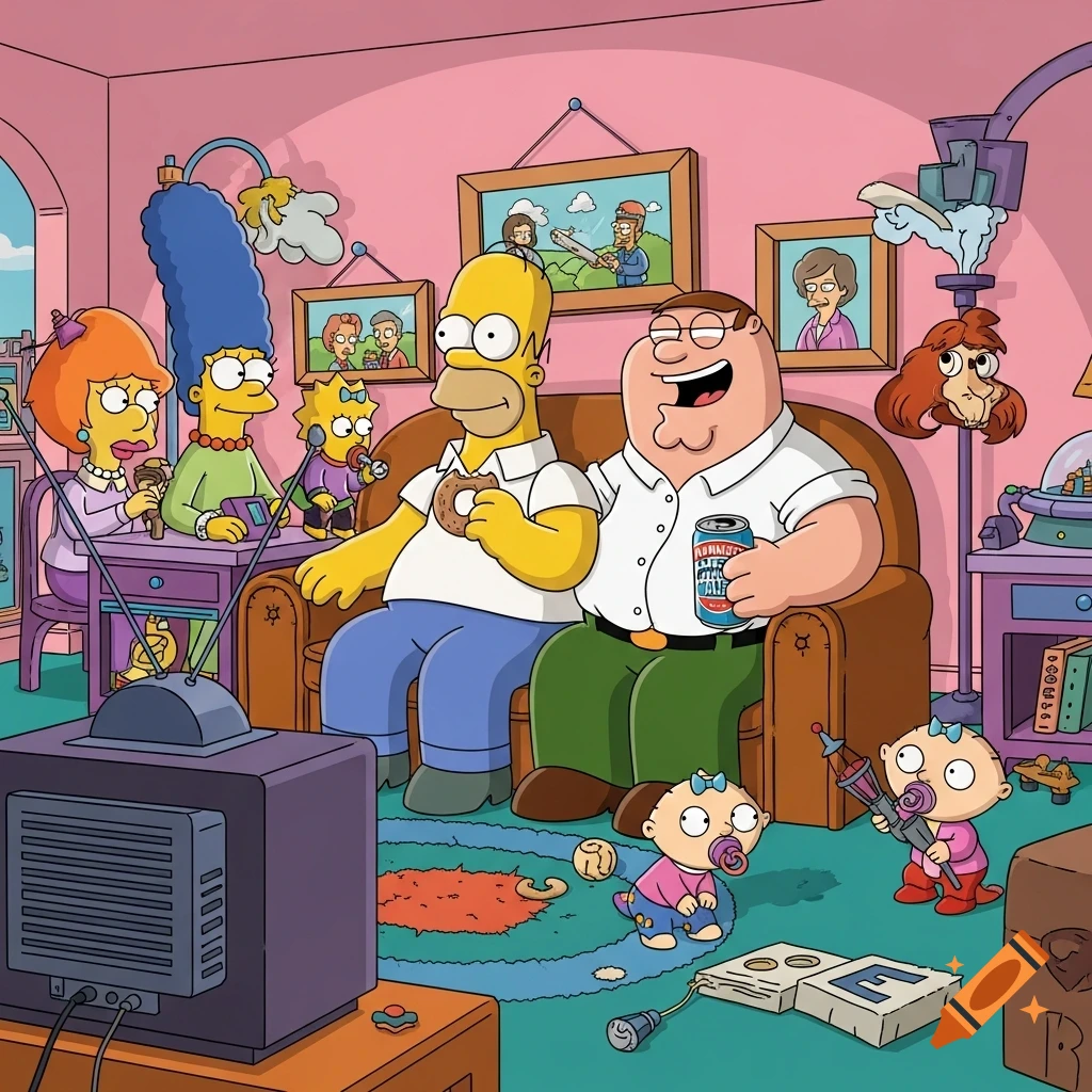 Homer Simpson and Peter Griffin sit on a couch watching TV with their families in a cartoon crossover.
