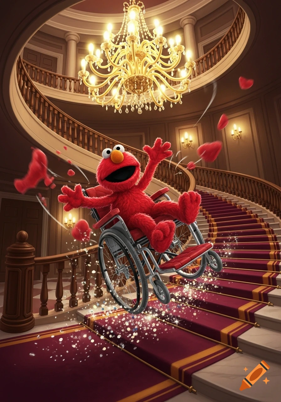 Elmo in a wheelchair tumbles down a grand red-carpeted staircase under a sparkling chandelier.