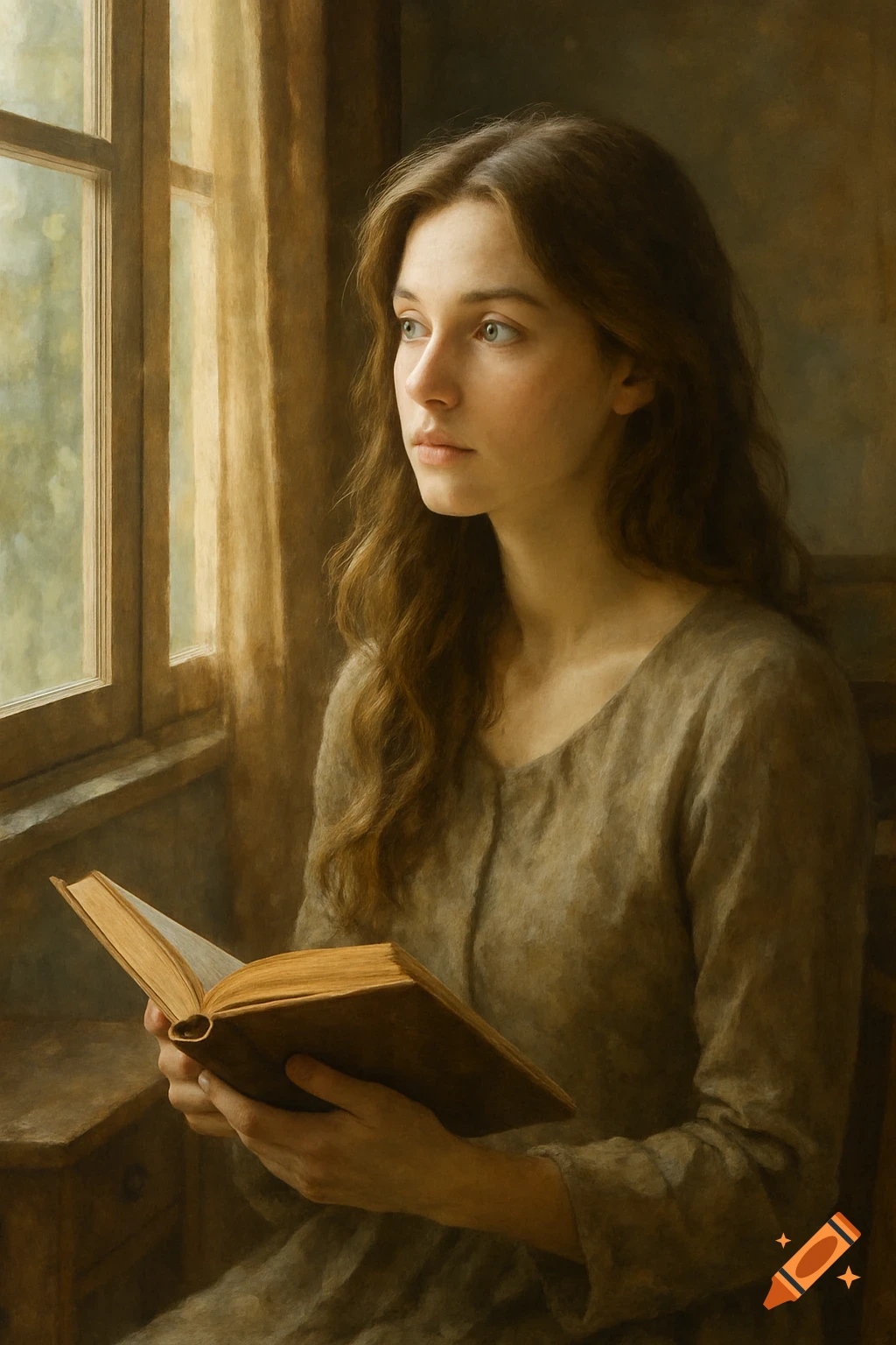 Painterly portrait of a young woman with brown hair looking out a sunlit window, holding an open book.