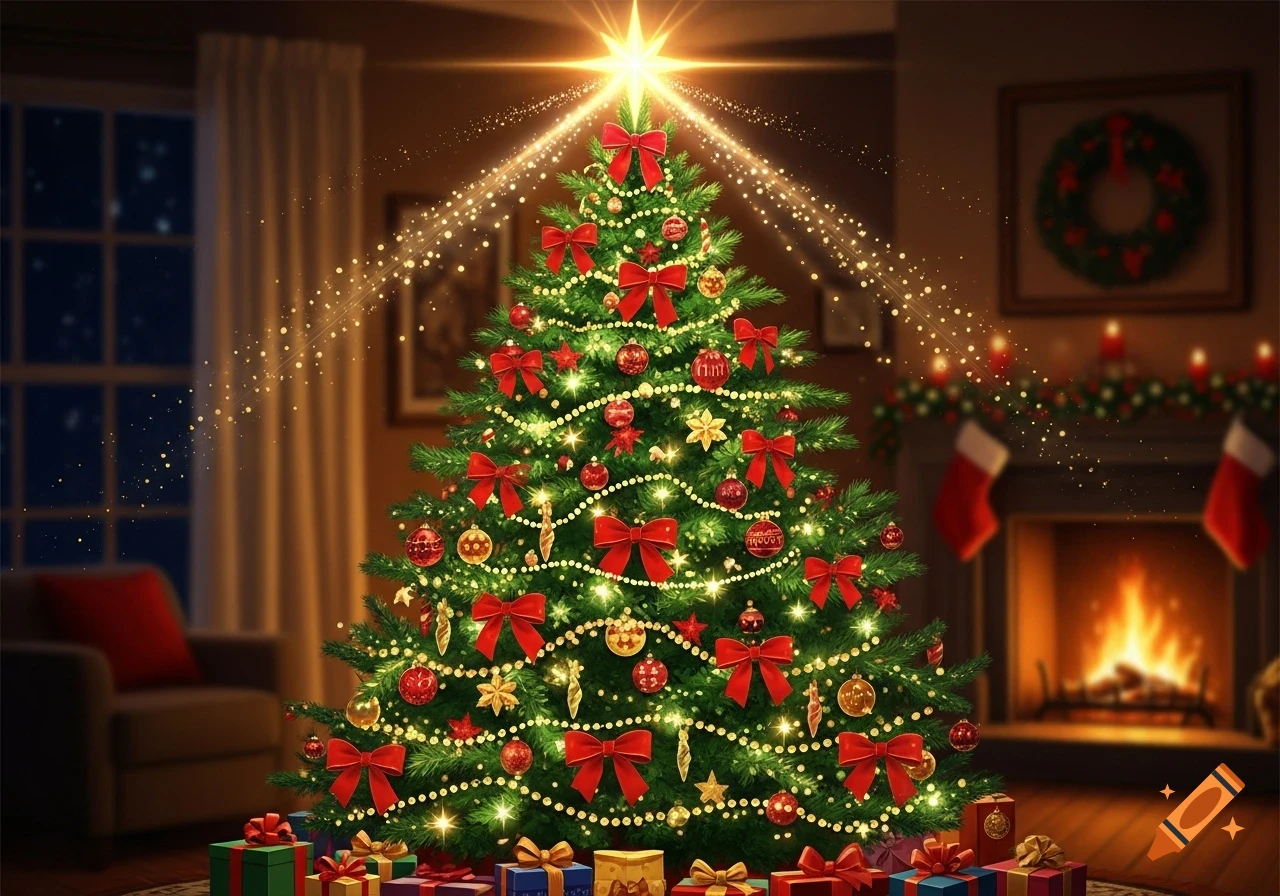 A brightly lit Christmas tree with red bows, ornaments, and twinkle lights, with presents in a cozy living room.