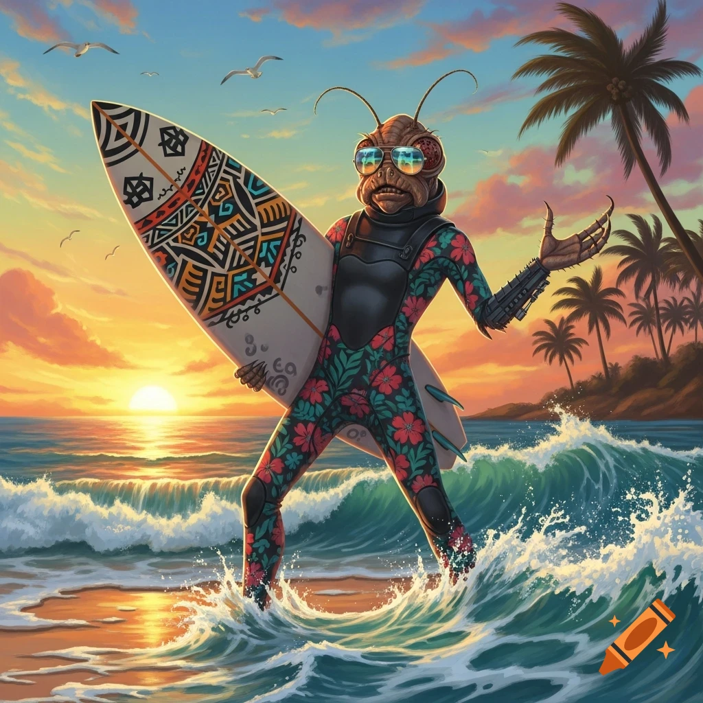 An insect-like alien in a floral wetsuit and sunglasses holds a patterned surfboard in the ocean at sunset, with palm trees on the beach.