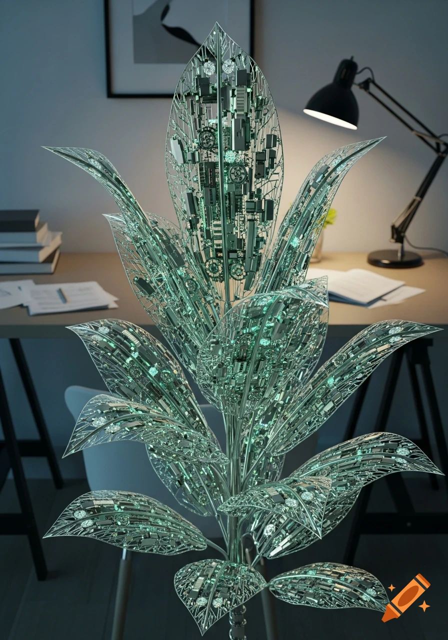 A shimmering plant made of intricate circuit boards and gears, glowing with green light, stands on an office desk with a lamp and books.