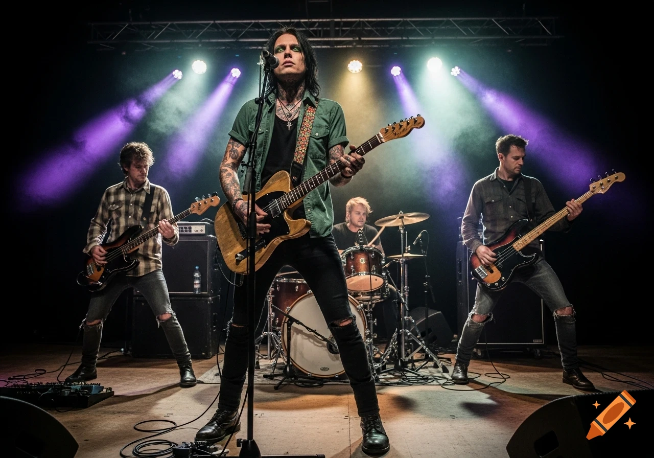 A rock band performs on stage under purple and white spotlights. The lead singer, with long black hair and tattoos, plays guitar center stage.