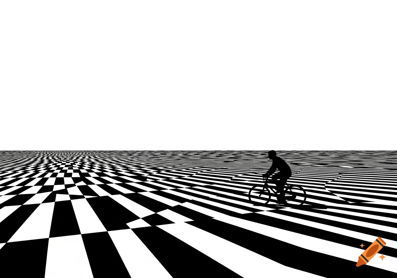 A black silhouette of a bicyclist rides left across a black and white optical art checkerboard plane under a white sky.
