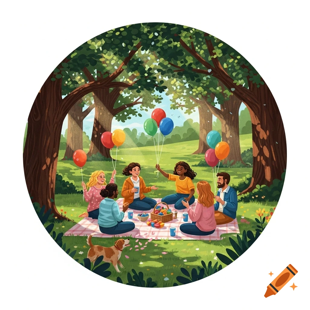 An illustrated scene of a diverse group of friends enjoying a picnic in a park, surrounded by trees and colorful balloons, with a small dog nearby.