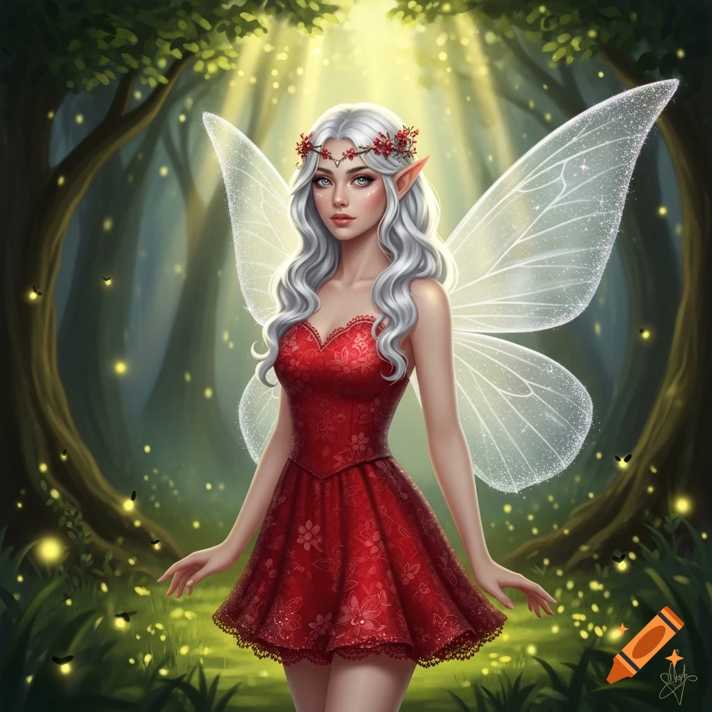 A beautiful fairy with white hair, pointed ears, and sparkly wings wears a red dress in a sunlit magical forest with fireflies.