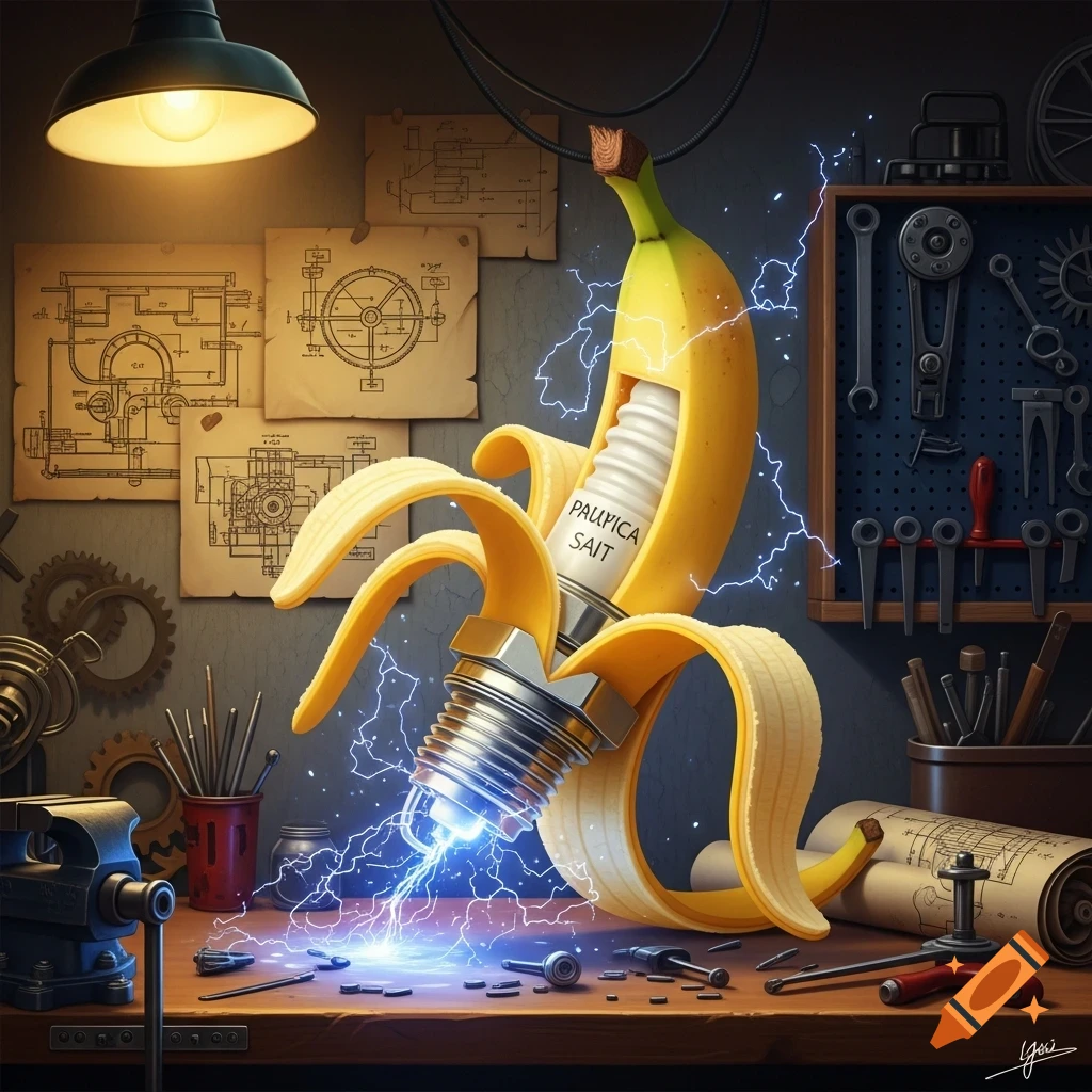 A peeled banana with a metal spark plug embedded, emitting blue electrical sparks on a cluttered workshop desk with tools and blueprints.