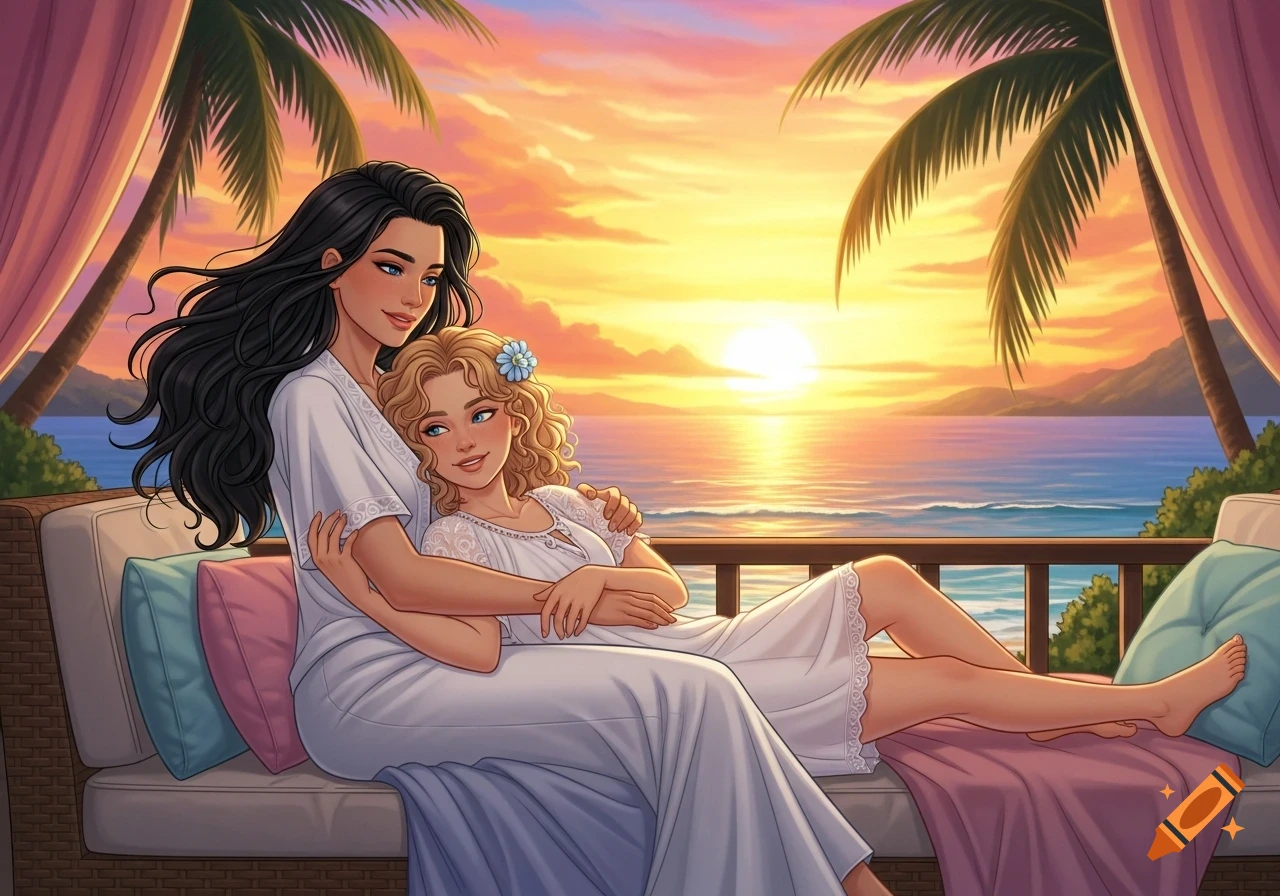 Digital art of two women embracing on a balcony, watching a tropical sunset over the ocean.