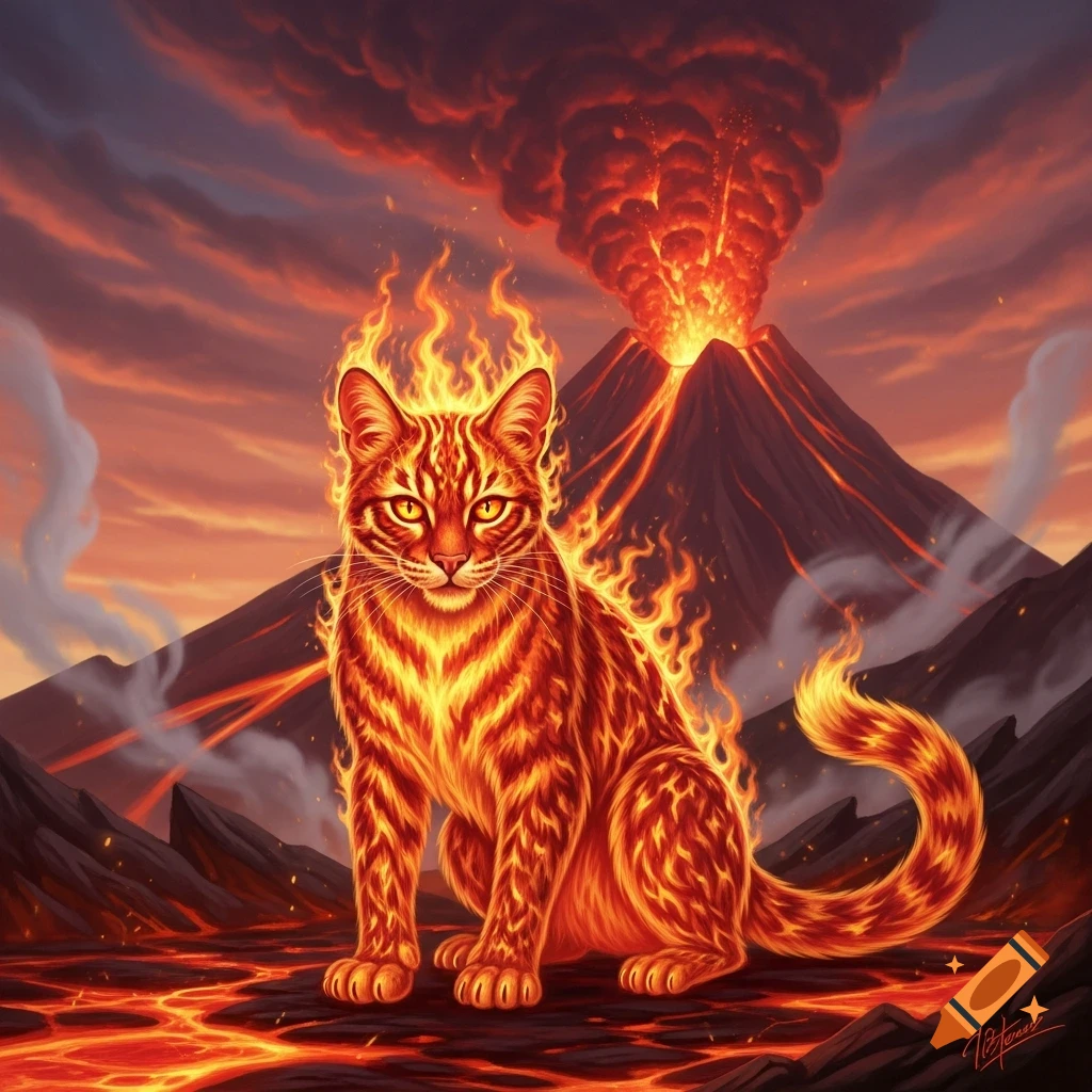 A fiery, striped cat sits on lava with an erupting volcano and an orange, smoke-filled sky in the background. Digital art.