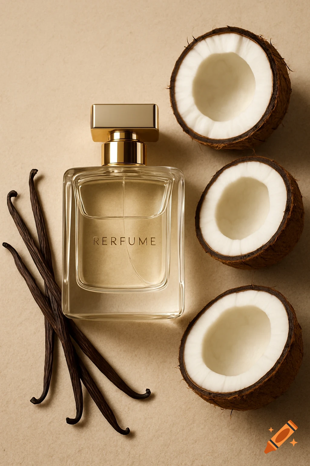 A photorealistic still life of a luxury perfume bottle surrounded by vanilla pods and coconut halves on a beige background.