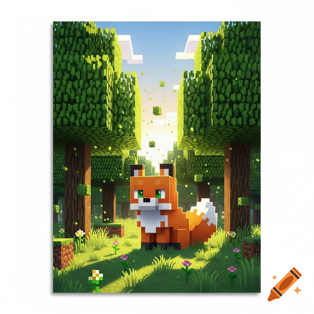 A pixelated orange fox with green eyes sits in a blocky Minecraft forest with tall trees and small flowers under sunlight.