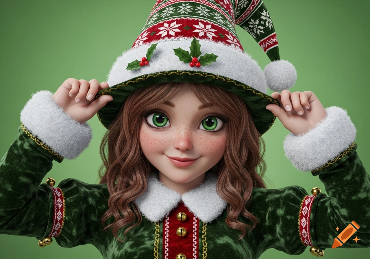 A smiling, lifelike female elf with green eyes and freckles, wearing a green and red Christmas hat and velvet costume on a green background.