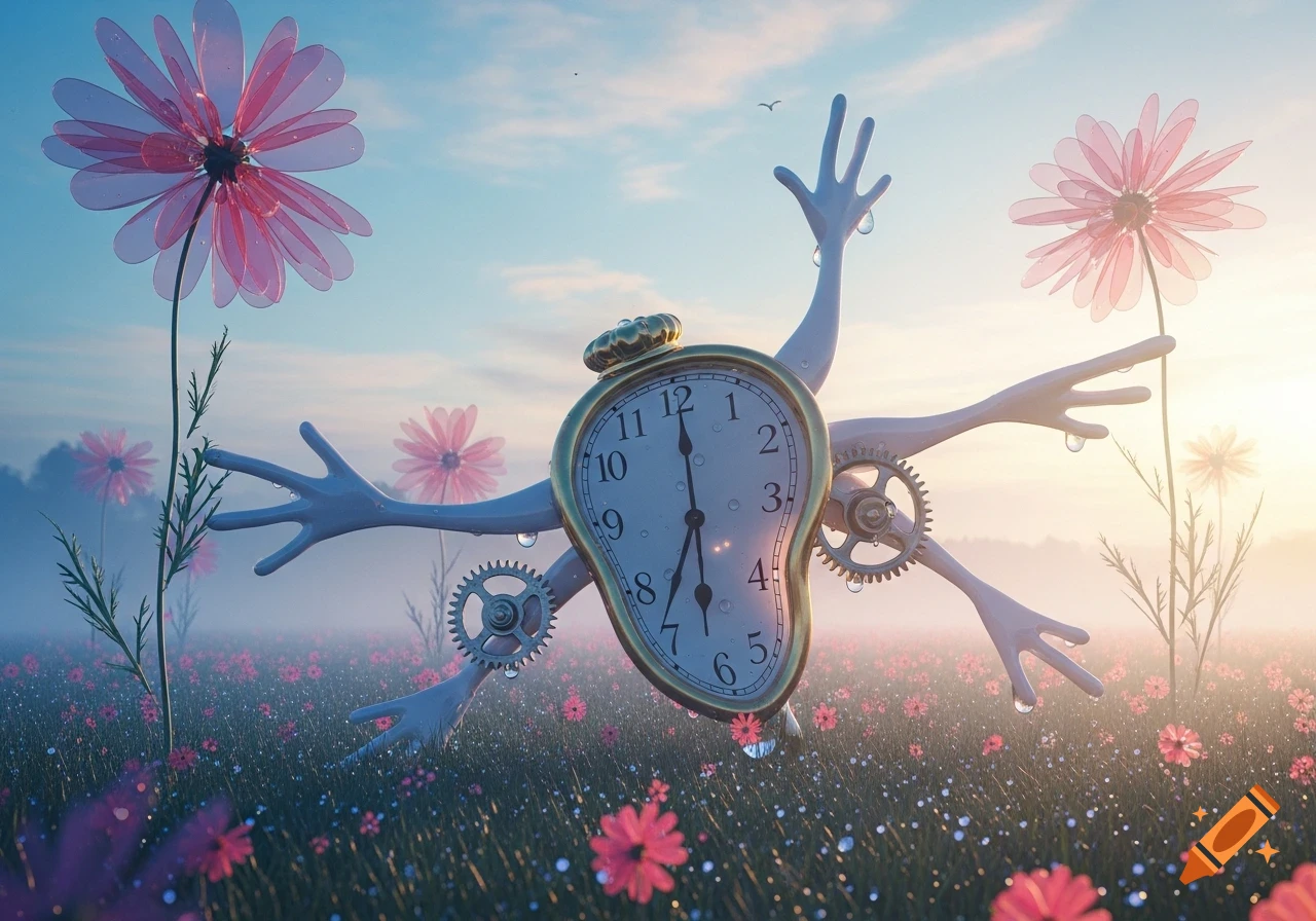 A melting clock with stylized arms and gears floats in a field of pink flowers at sunrise, in a surreal art style.