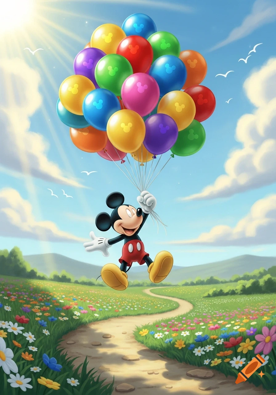 Mickey Mouse floats above a winding path in a flower-filled field, holding a large bunch of colorful balloons on a sunny day.