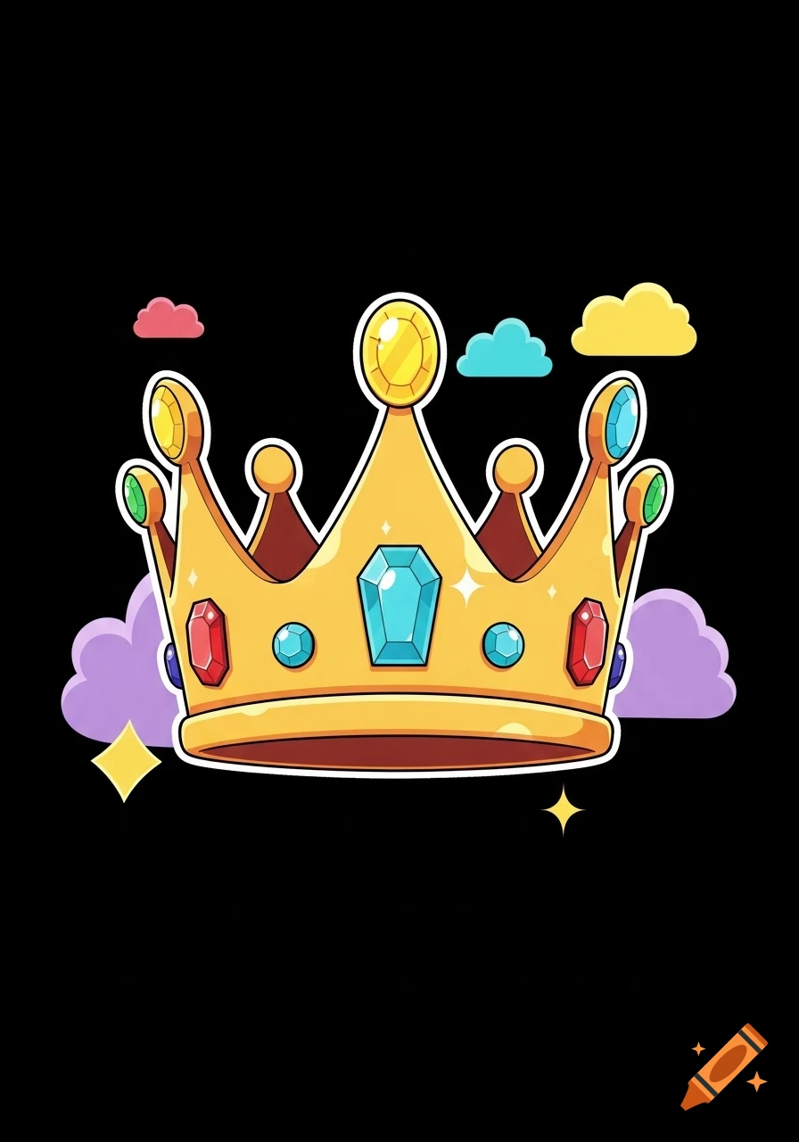 A cartoon golden crown adorned with colorful gems and shiny accents, set against a black background with small stylized clouds.