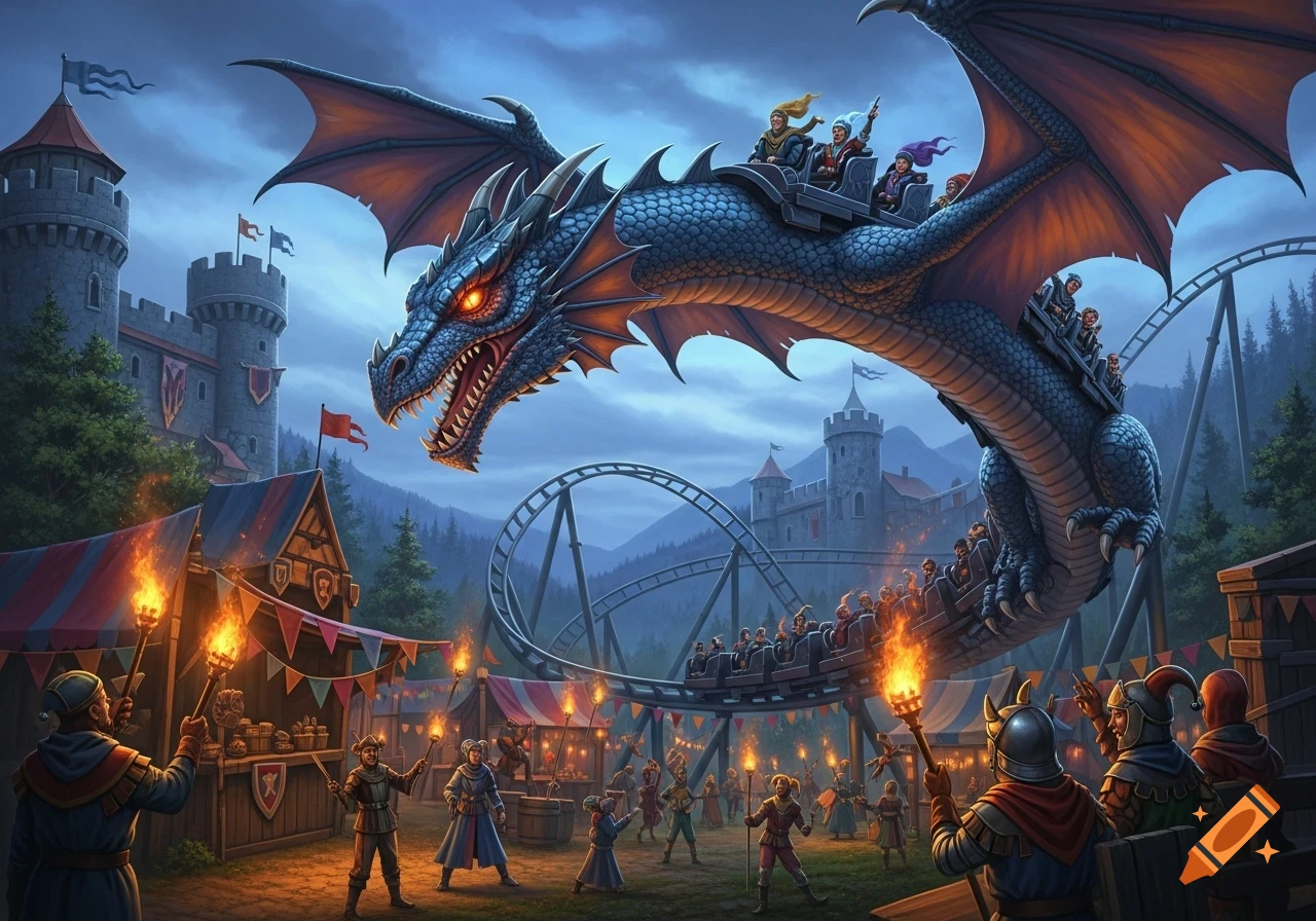 A fantasy illustration of a large blue dragon rollercoaster winding through a medieval fairground with a castle and torch-bearing people.