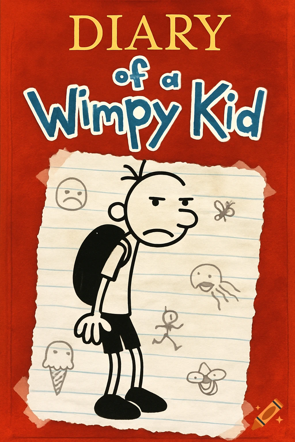 Cartoon book cover for Diary of a Wimpy Kid featuring Greg Heffley with a backpack and doodles on a notebook page against a red background.