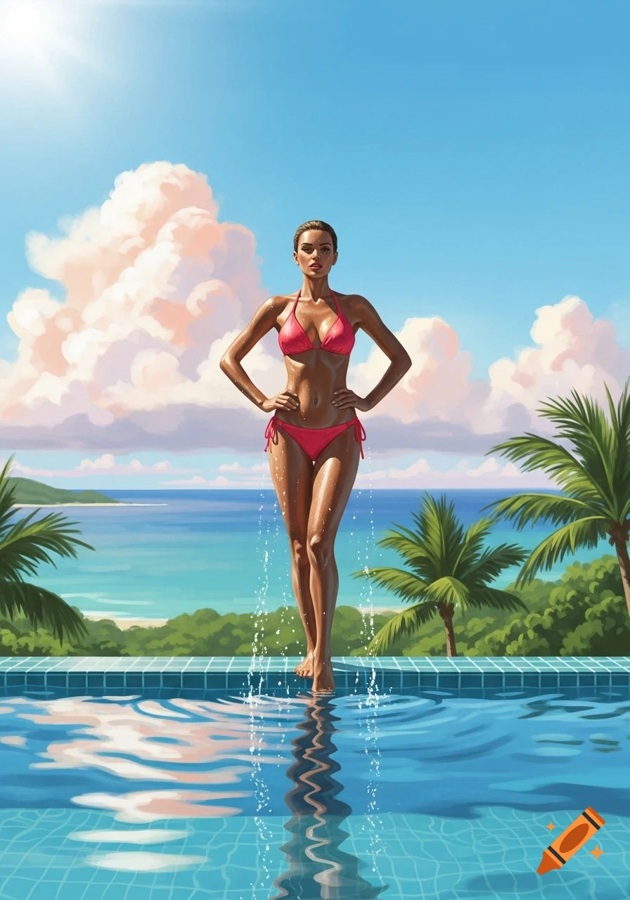 Illustrative depiction of a woman in a red bikini standing in a swimming pool with a tropical ocean view.