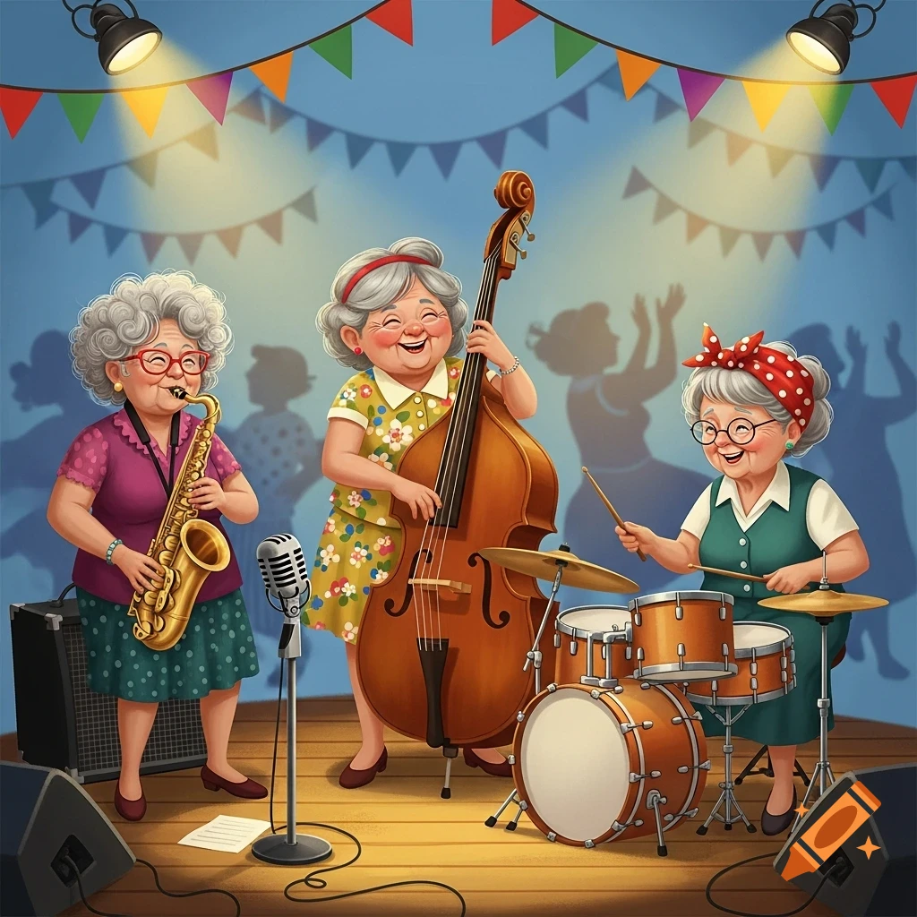 Cartoon illustration of three elderly women happily playing instruments in a band on stage with party decorations.