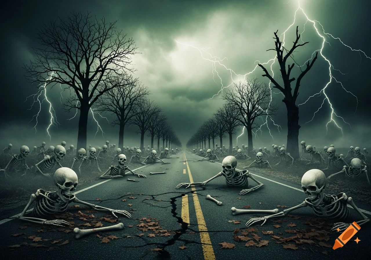 Skeletons crawl out of a cracked road lined with bare trees under a stormy, lightning-filled sky.