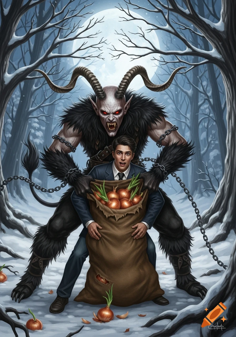 A scary Krampus with horns and fur holds a frightened man in a sack of onions in a snowy forest under a full moon, illustration.