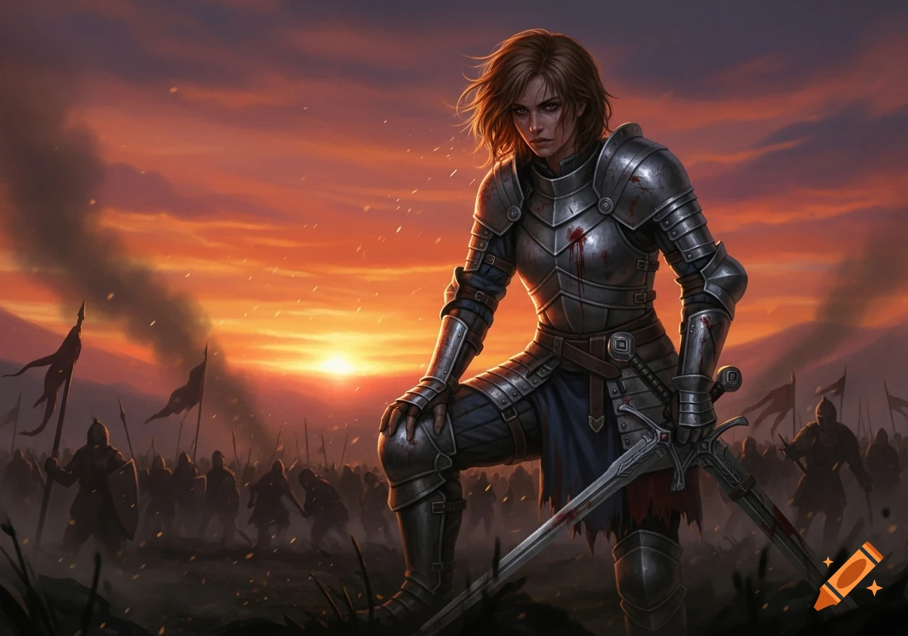 An exhausted, determined female knight in bloodied armor stands on a battlefield at sunset, holding two swords with soldiers.