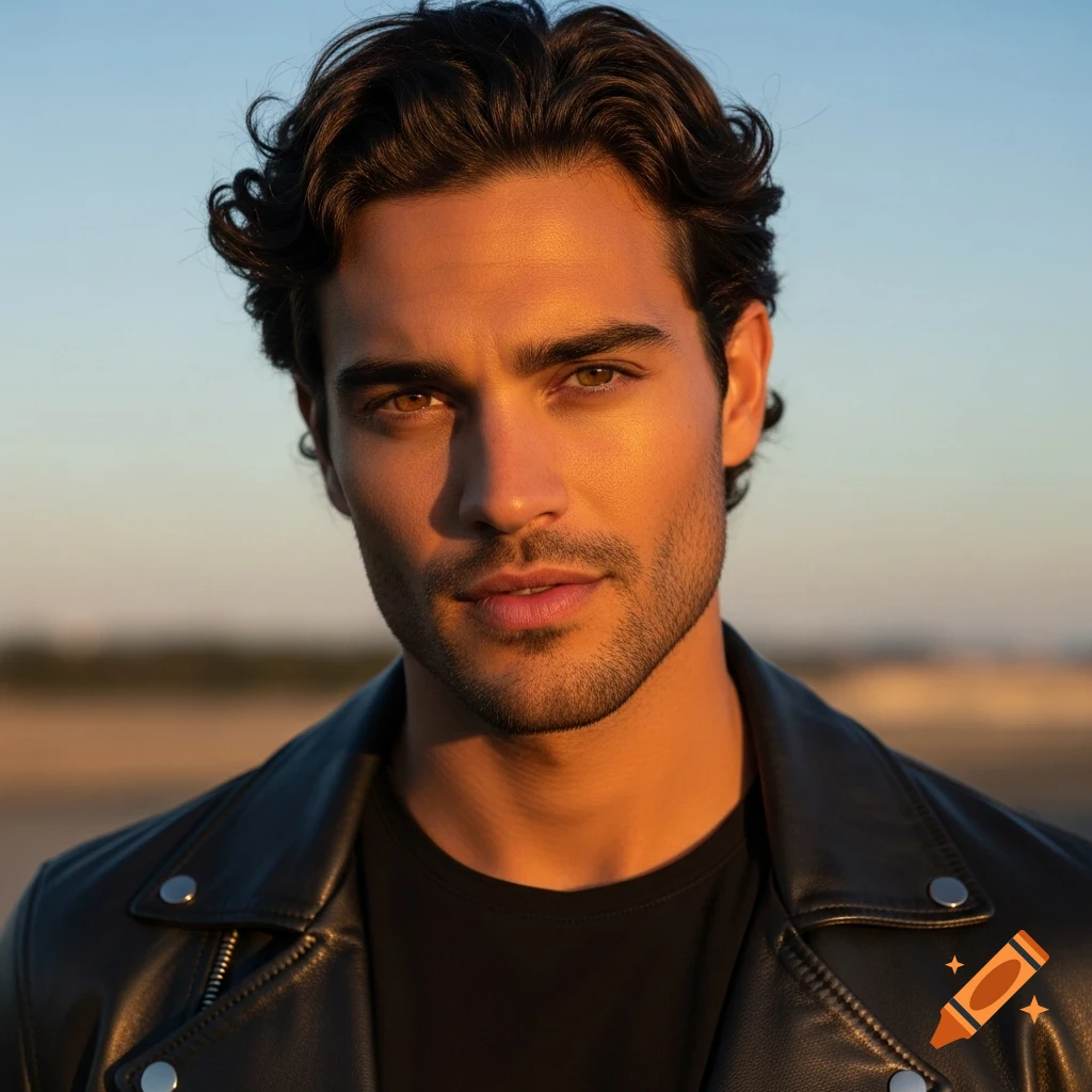 A photorealistic close-up portrait of a handsome man with deep hazel eyes, dark wavy hair, and soft stubble, wearing a black leather jacket. Lit by golden hour sunlight.