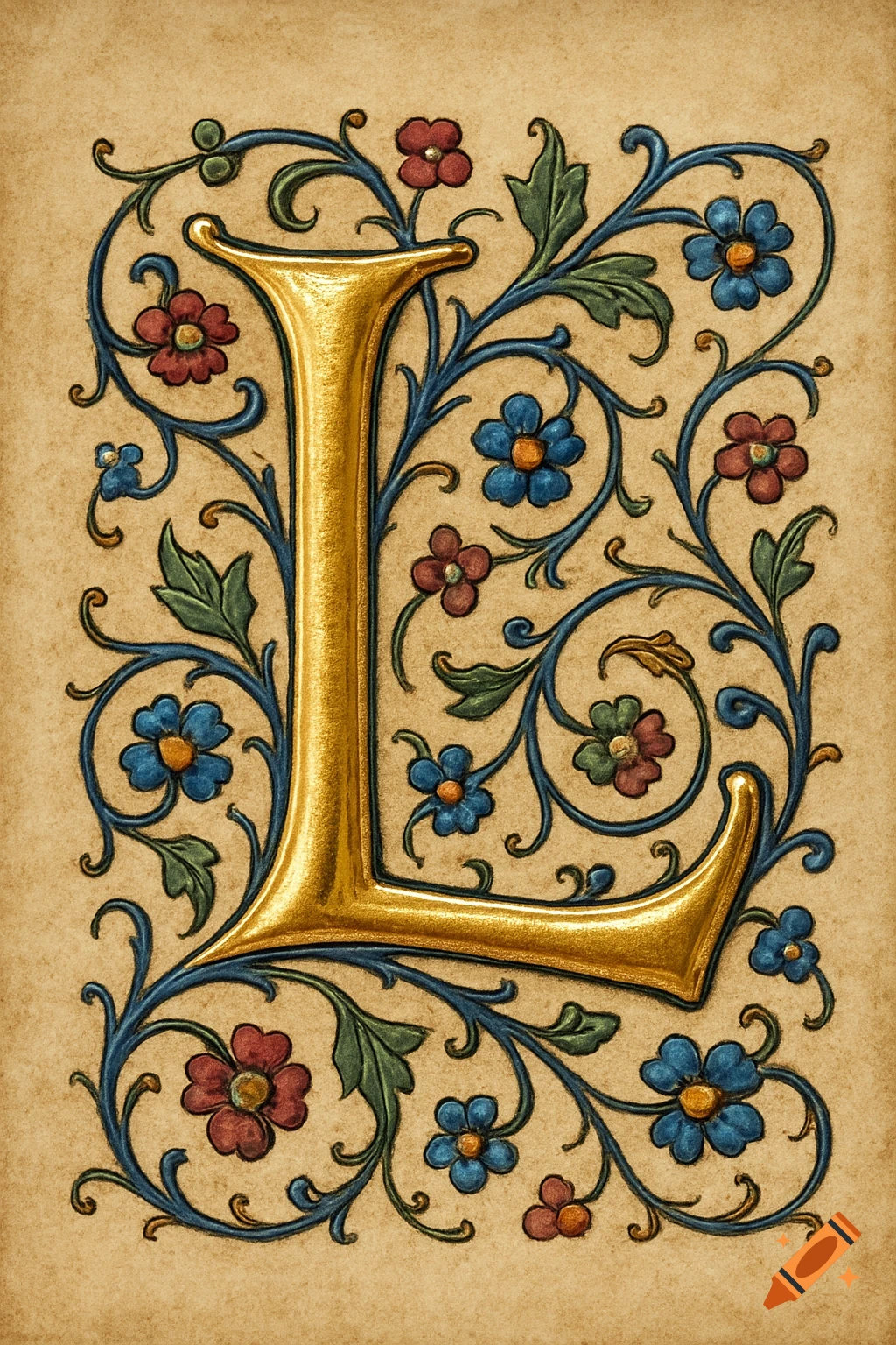 Gilded initial capital letter L in medieval style with intricate blue and red floral patterns on aged parchment.