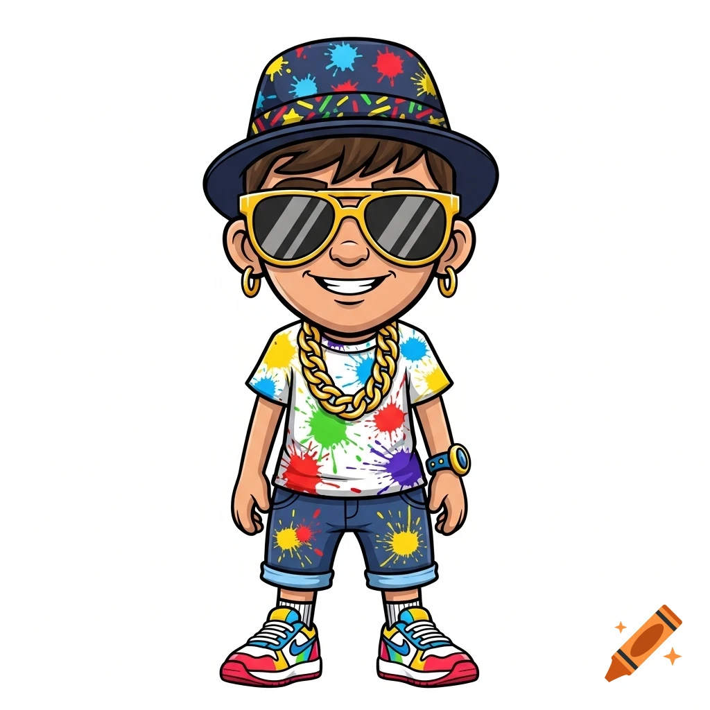 Vibrant cartoon character wearing a paint-splattered hat, sunglasses, gold chain, t-shirt, shorts, and sneakers.