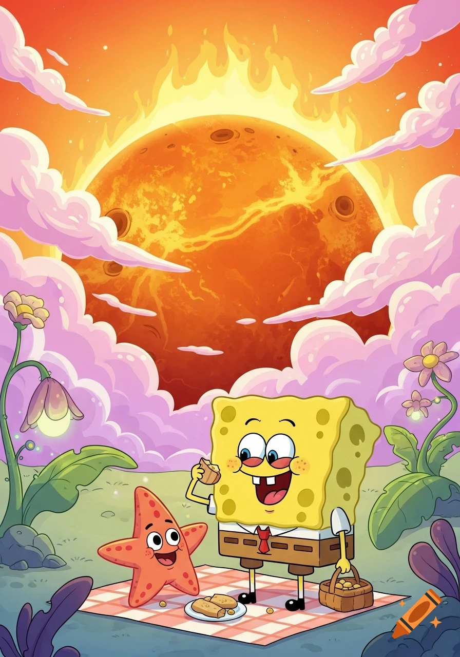 Spongebob and Patrick have a picnic on planet Venus under a fiery orange sky with pink clouds and alien plants in a colorful cartoon style.