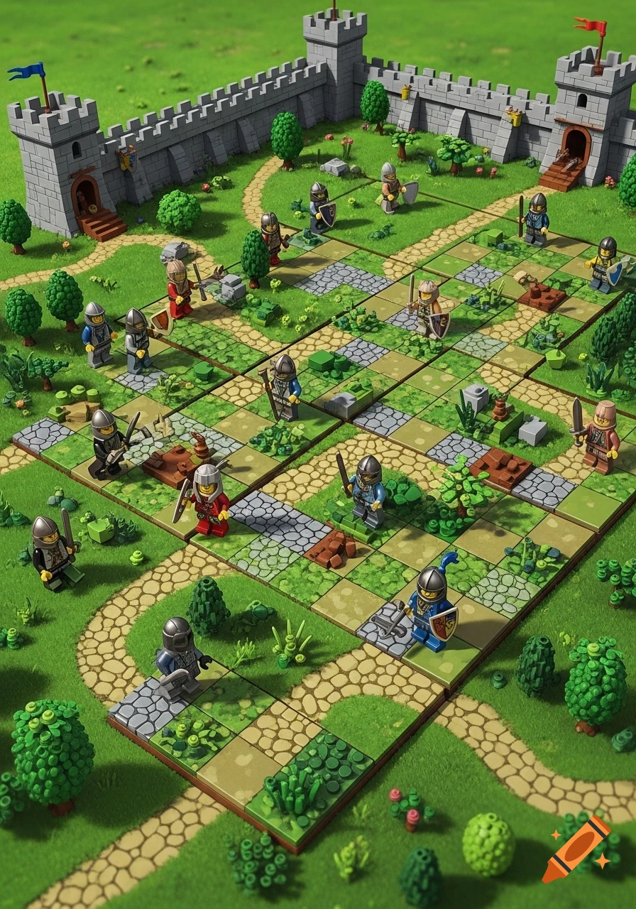 Lego knights on a grassy board game with a castle wall and path tiles.