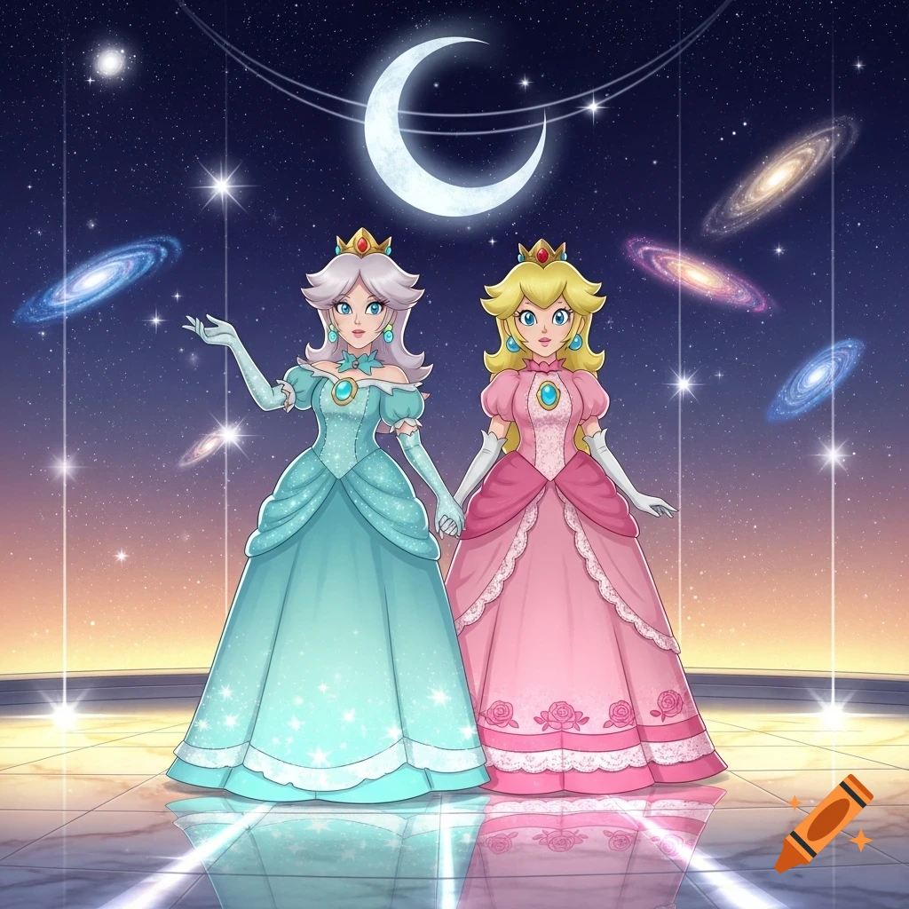 Princess Rosalina in a light blue dress and Princess Peach in a pink dress hold hands under a crescent moon and galaxies.