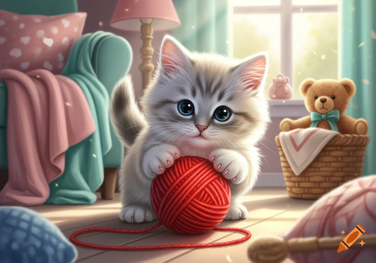 A fluffy white and grey kitten with big blue eyes plays with a red ball of yarn in a cozy, sunlit room.