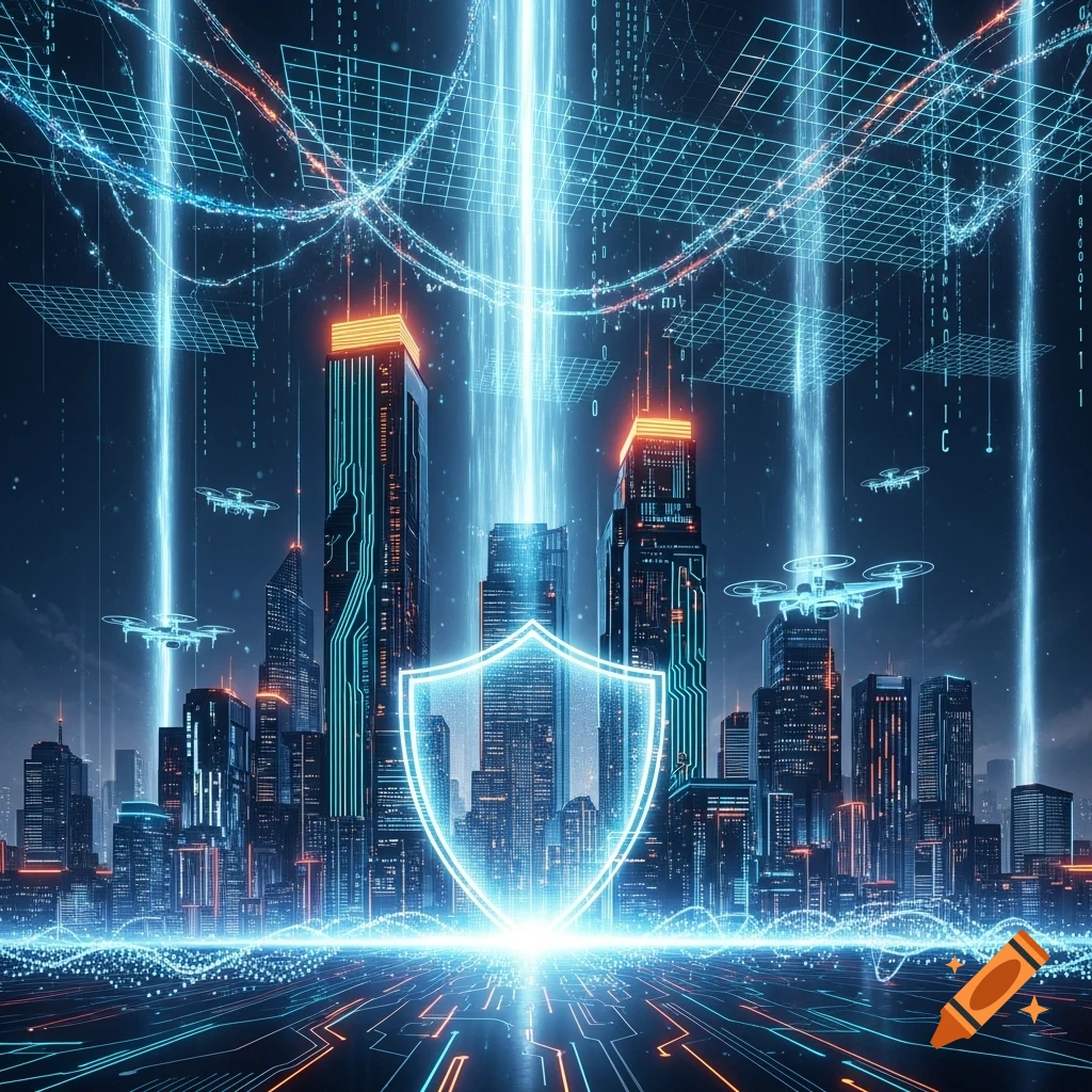 A glowing shield in a futuristic cityscape with blue data streams, digital lines, and flying drones, symbolizing cybersecurity.