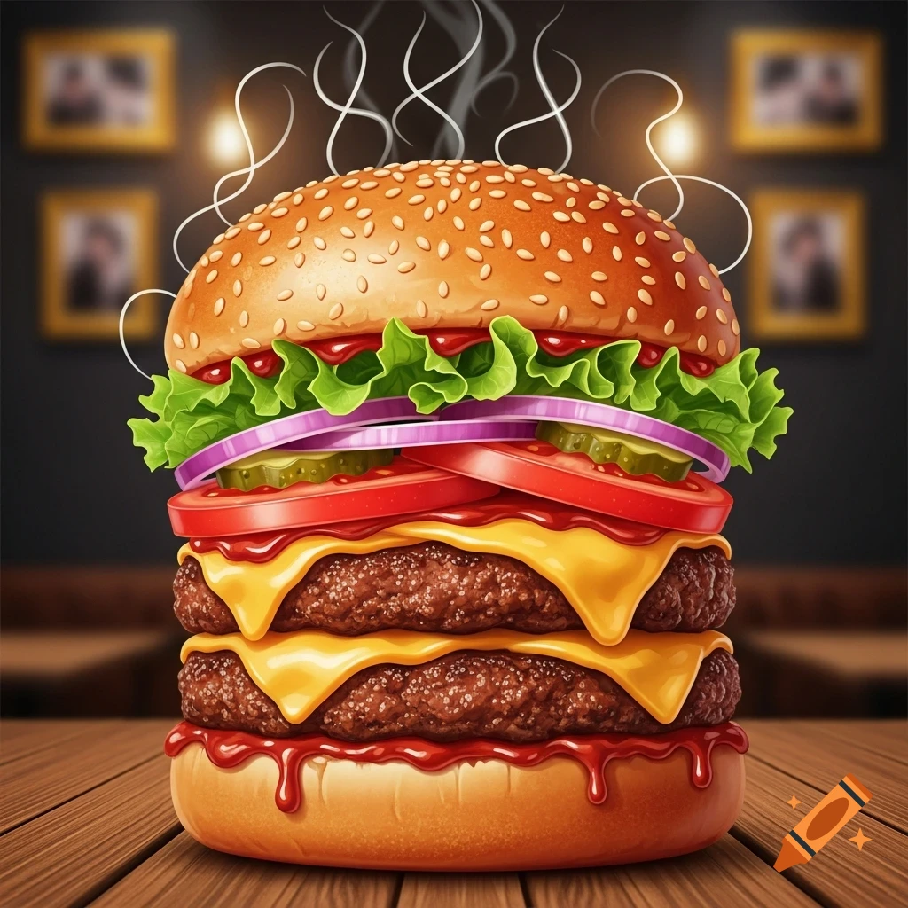A detailed, colorful illustration of a double cheeseburger with lettuce, tomato, onions, pickles, and ketchup, emitting steam, on a wooden table.
