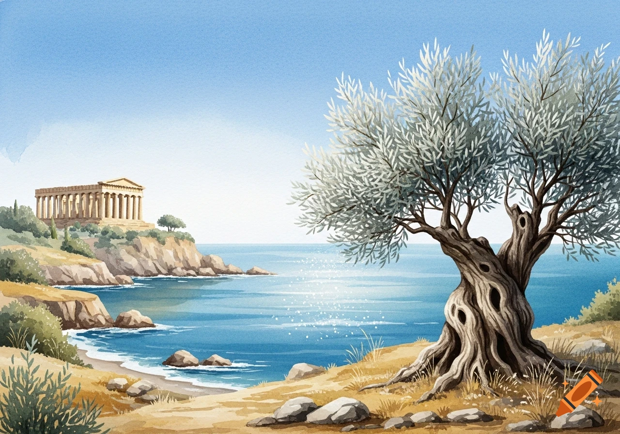Watercolor painting of an ancient temple on a cliff overlooking a sparkling blue sea, with a large olive tree in the foreground.