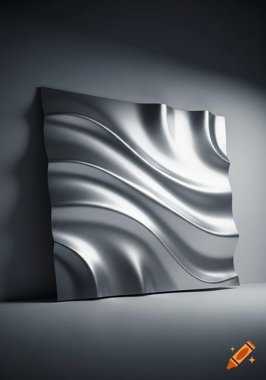 A shiny silver, wavy metallic sheet leans against a dark gray wall, reflecting light.